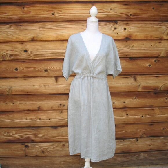 NWT Pure Lino 100% Linen V Neck Midi Dress S M L XL - Picture 1 of 10